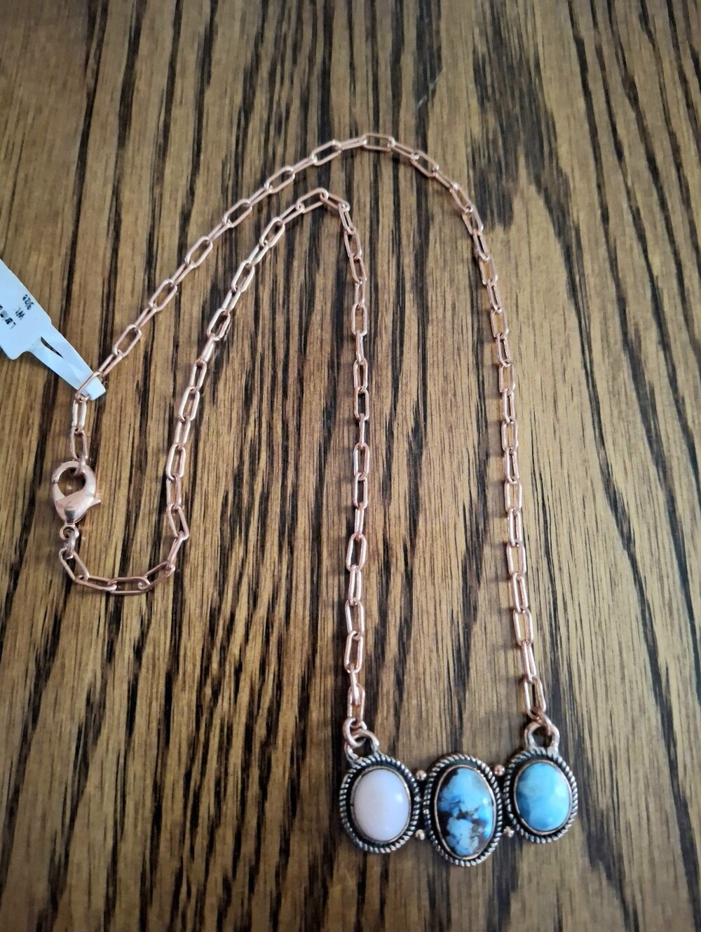 Larimar, Golden Hills And Pink Conch Pendant Necklace 18"-20" On Copper Hardware